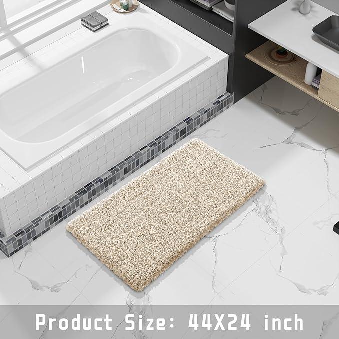 Yimobra Fluffy Plush Bath Rug, Shaggy Soft Comfortable Non Slip, Water Absorbent Microfiber Bath Mat, Dry Quick, Machine Washable Thick Bathroom Floor Rugs for Shower, 44"x 24", Light Beige and White - ModernBath