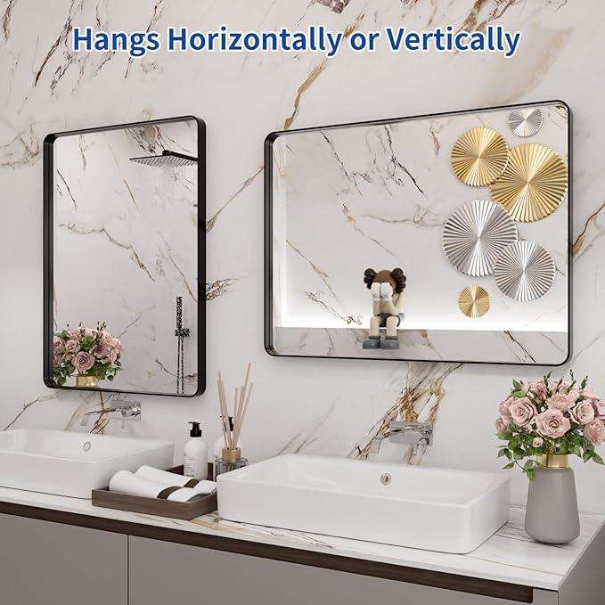 WEER Black Bathroom Mirror 24X32 Inch, Rectangular Black Metal Frame Mirror, Matte Black Bathroom Vanity Mirror with Tempered Glass, Rounded Corner, Anti-Rust (Horizontal/Vertical) - ModernBath
