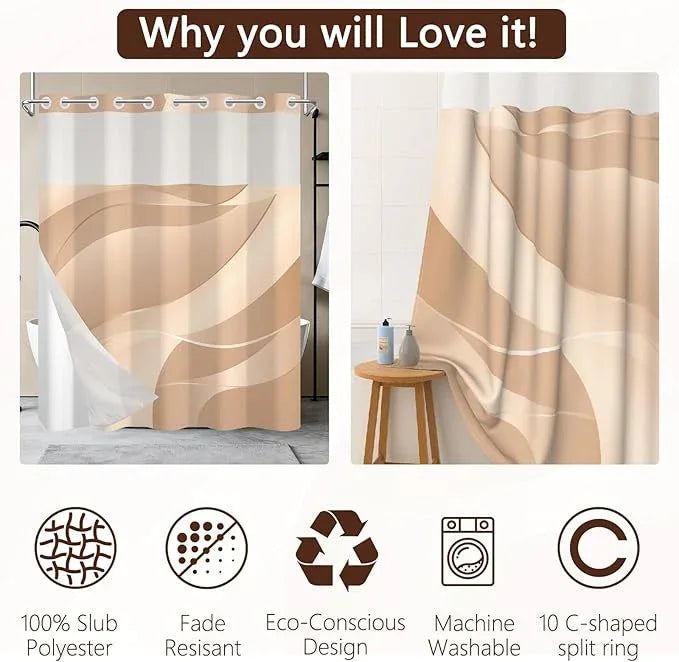 NAEMBCU No Hook Geometric Shower Curtain with Snap-in Liner, Beige Gold Curves Texture Bath Curtain with See Through Top, Waterproof Double Layer for Bathroom Decor, 71 x 74 Inch - ModernBath