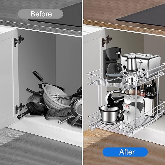 Fulgente Chrome Finish Pull Out Drawers Cabinet Organizer, Professional Large Wire Basket Frame 2 Tier Heavy Duty Slide Out Kitchen Storage Organizations Shelves Sliding Pantry 11"W x 18"D x 15.12"H - ModernBath