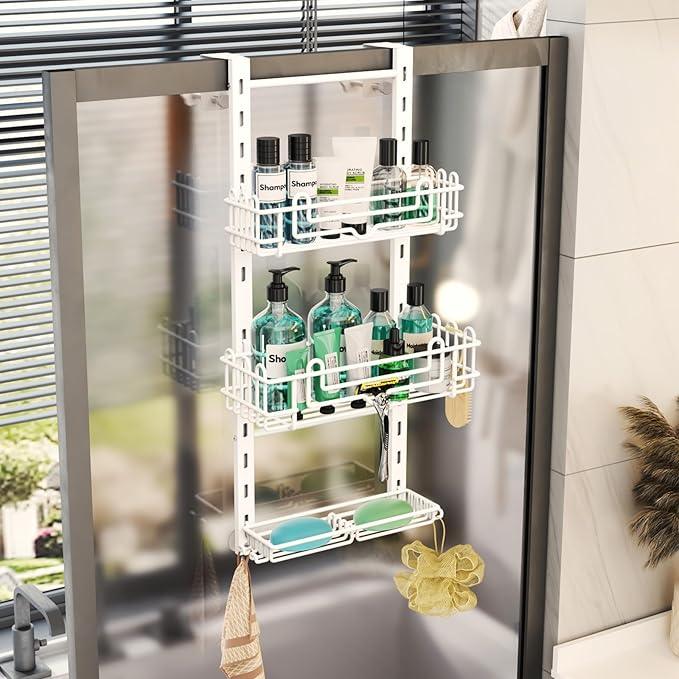 HapiRm 3 Tier Over the Door Shower Caddy, Hanging Shower Caddy with 16 Hooks and 2 Soap Holders, No Drilling Adjustable Hanging Bathroom Organizer - White - ModernBath