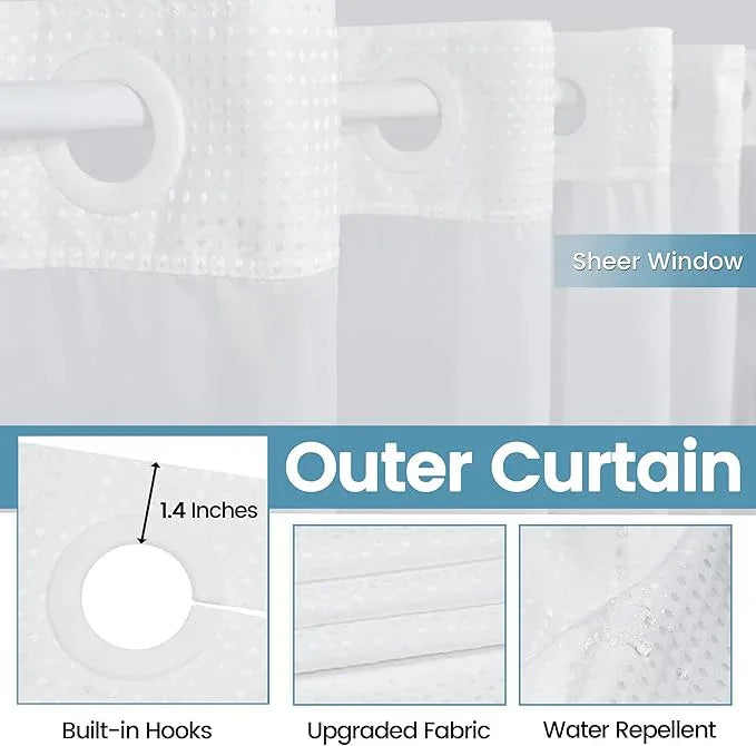 EUTXL Stall No Hook Shower Curtain with Snap in Liner,230GSM Waffle Weave Shower Curtains for Bathroom,60W x 74H,White - ModernBath