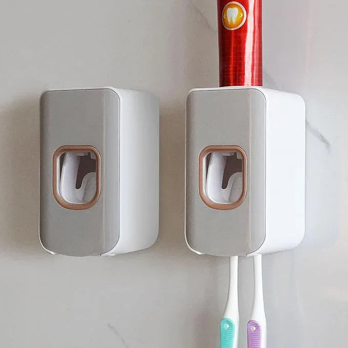 2 Slot Toothbrush Holder and Toothpaste Dispenser Wall Mounted, Automatic Toothpaste Squeezer, 2 in 1 Tooth Brush Toothpaste Organizer for Shower (Light Grey 2pack) - ModernBath