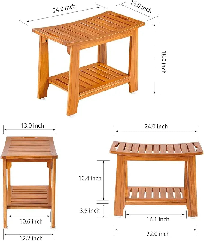 24" Large Teak Shower Bench with Shelf & Handle - Waterproof Spa Stool, Non-Slip Leveling Feet & 300 lbs Capacity - for Showers, Saunas/Steam Rooms & Outdoor Pools (Patented) - ModernBath