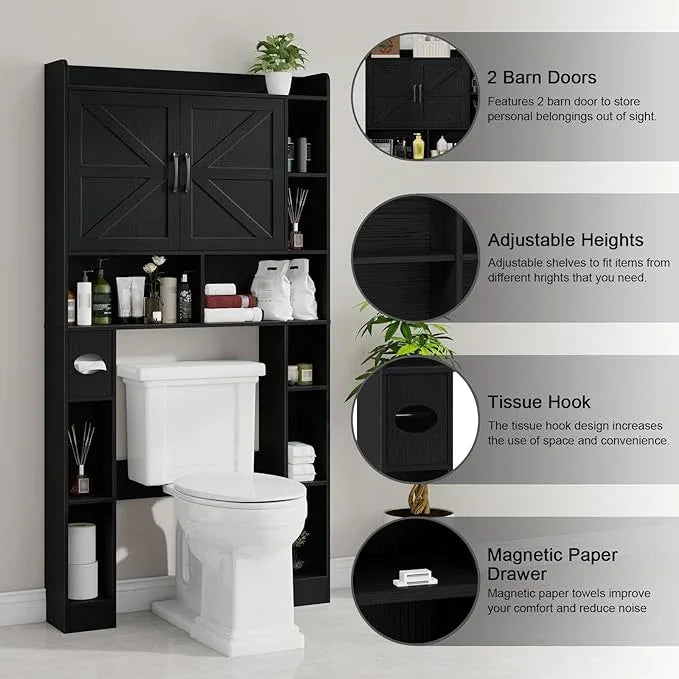 Vabches Over The Toilet Cabinet, Double Doors Bathroom Shelf Organizer with Toilet Paper Holder Stand and Open Storage Shelf, Small Freestanding Space Saver for Restroom, Bathroom, Laundry, Black - ModernBath