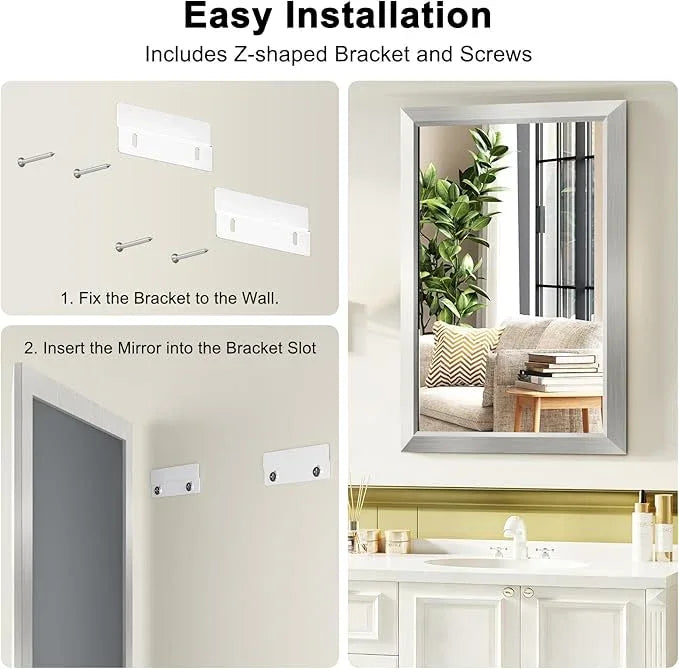 Bathroom Mirror for Over Sink,24x36Inch Silver Thick Anti-Rust Metal Frame, Rectangle Decorative Wall Mirror with HD Tempered Glass, Horizontal or Vertical Mount for Vanity, Bathroom,Living Room - ModernBath