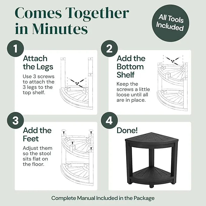ROHKEX Plastic Corner Shower Stool - Black, Plastic - Shaving Seat & Shower Stool for Shaving Legs - Non-Slip Feet & Waterproof Bench - Space-Saving Storage & Corner Bench, Home Decor Gifts Idea - ModernBath