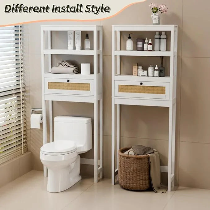 Over The Toilet Storage Cabinet, Behind Toilet Bathroom Organizer with Adjustable Shelves, Above Toilet Organizers with Rattan Door, Space Saver for Restroom, Bathroom, Laundry - ModernBath