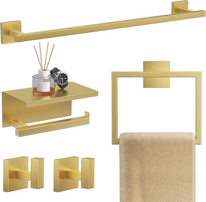 TQKAG 5-Pieces Brushed Gold Bathroom Hardware Accessories Set 23.6" SUS304 Stainless Steel Towel Bar Set Wall Mounted Square Toilet Paper Holder with Shelf - ModernBath