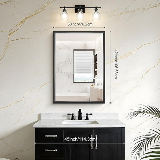 CIVENO Bathroom Mirror, 42 x 30 Inch Brushed Black Rectangle Mirror, 0.6" Thickened Deep Frame Vanity Mirrors for Bathroom Sink, Shatterproof Tempered Glass, Antirust, Horizontally or Vertically