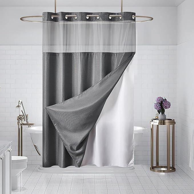 Furlinic Dark Grey Small Stall No Hook Shower Curtain with Snap in Liner,Waffle Weave Heavy Duty Fabric Waterproof Bathroom Curtains,Washable Shower Curtain Set with See Through Window 36x72 Inch - ModernBath