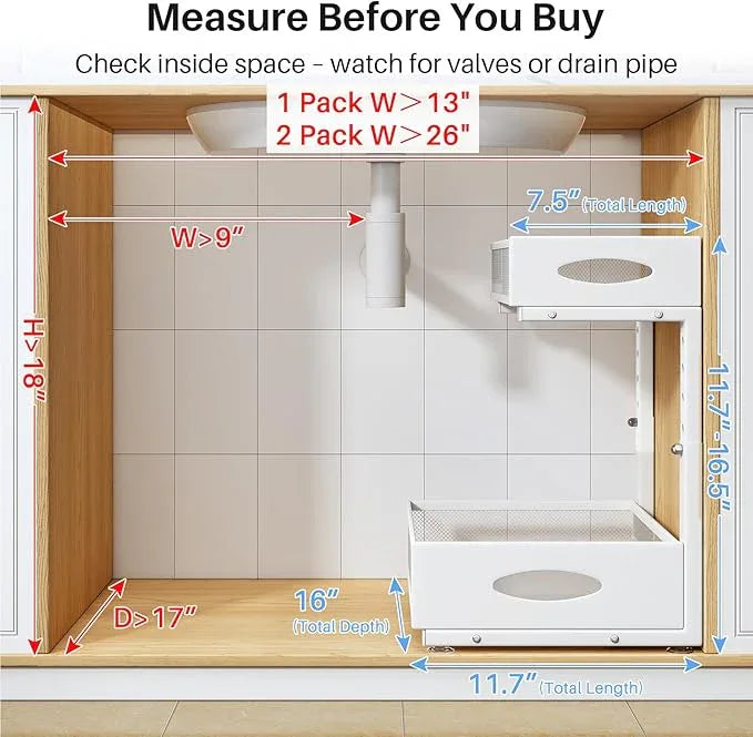 Under Sink Organizer, 2 Pack 2 Tier Pull Out Under Cabinet Organizer Shelf with Pad for Framed Cabinets, Metal Slide Out Under Sink Storage, Mesh Sliding Drawers for Kitchen Bathroom Laundry, White - ModernBath