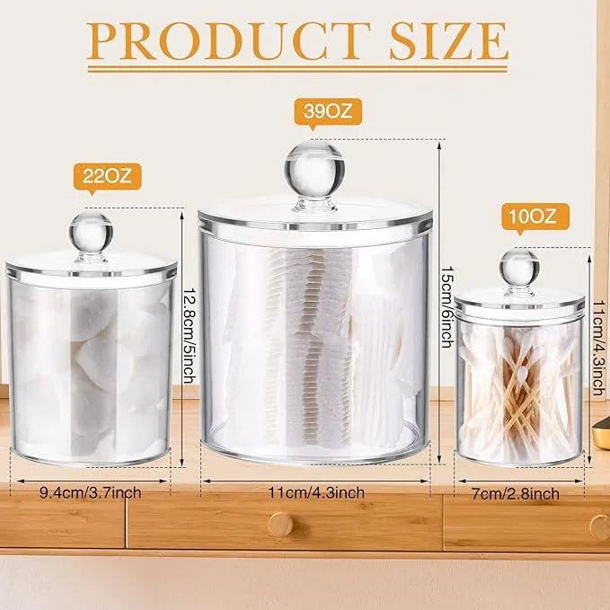 Meanplan 6 Pack Plastic Apothecary Jars with Lids Acrylic Holder Dispenser for Bathroom, 10/22/39 oz Clear Plastic Storage Jars Floss Container for Swab Cotton Ball, 3 Sizes (Acrylic Lid) - ModernBath