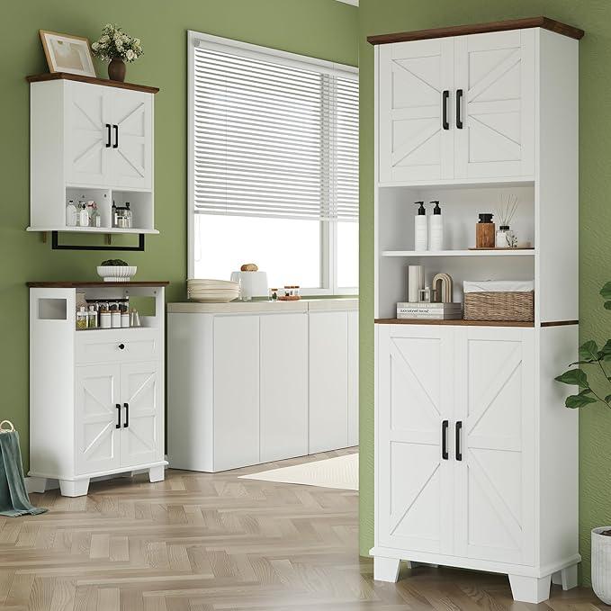 Farmhouse Bathroom Storage Cabinet, 67.9" Tall Freestanding Cabinet with 7 Adjustable Shelves & Barn Doors, Multipurpose Pantry Cupboard for Kitchen, Bathroom, Living Room, Dining Room - ModernBath