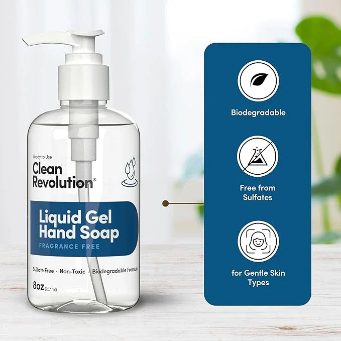 Clean Revolution Liquid Gel Hand Soap, Silky Rich Liquid, Quick Lather, Fast Rinsing (Fragrance Free) 8 Fl Oz (Pack of 2) - ModernBath