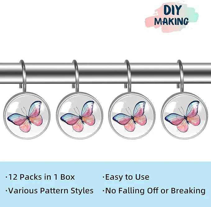12 Pcs Decorative Shower Curtain Hooks, Rust Proof Glass Surface Stainless Steel Rings for Bathroom Bedroom Kitchen Home Bath Room Rods Decor (Pink Blue Watercolor Butterfly) - ModernBath