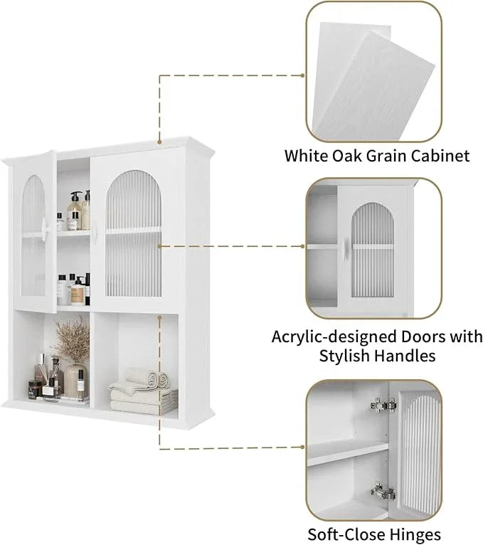 CJL Bathroom Wall Cabinet with Fluted Door, 23.6'' x 29.5'' Medicine Cabinet, Over The Toilet Storage Cabinet, White - ModernBath