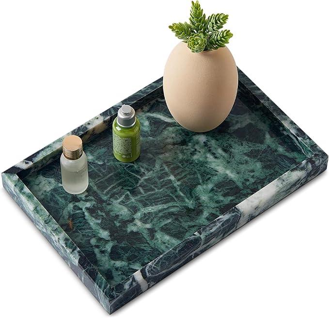Zilukar Real Natural Marble Tray for Bathroom, Vanity, Kitchen and Desktop, Rectangle Genuine Marble Stone Tray for Jewelry, Cosmetics, Candles, Lotion, Perfume (Snowflake-Green, 12" x 8" x 1.2") - ModernBath