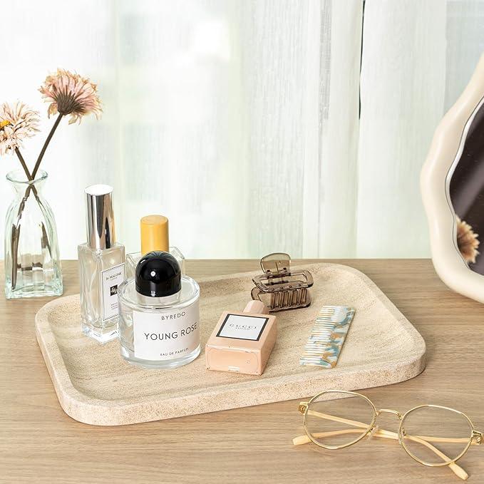 Karibiber Marble Vanity Tray, Bathroom Tray Countertop, Decorative Dresser Organizer, Perfume, Jewelry Holder, Beige Stone Serving for Kitchen Sink Storage(MOCA Cream) - ModernBath