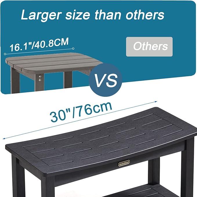 30'' Waterproof Shower Stool, Poly Lumber Shower Bench Seat for Shaving Legs, HDPS Plastic Bath Chair Seat, Non-Slip & No Maintenance, Black, Weight Capacity 700LBS (30 x 13 Inches) - ModernBath
