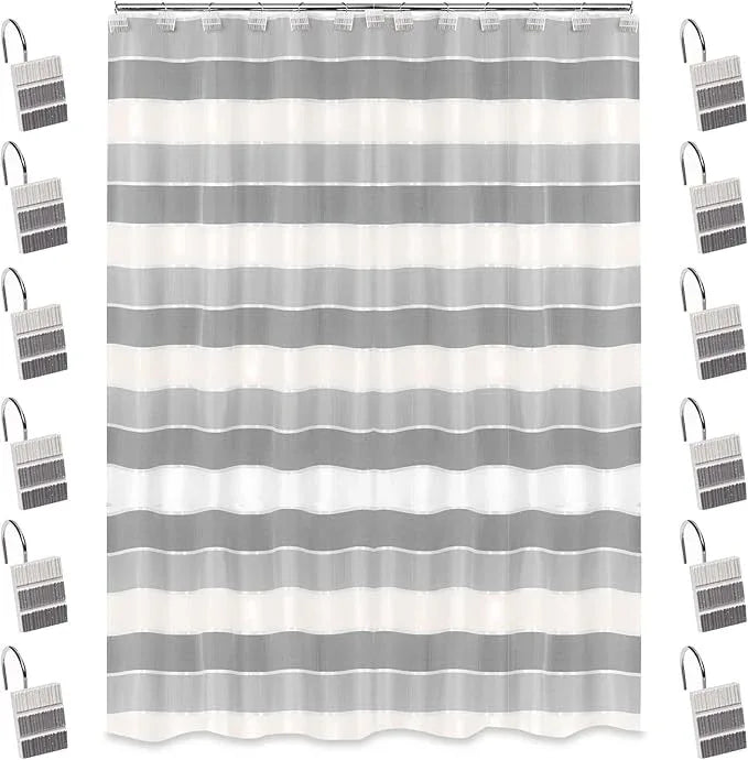 Zahari Home 13pc Modern Line Shower Curtain Set - Gray Luxury Contemporary Shower Curtains with Unique Design & 12 Hooks - ModernBath