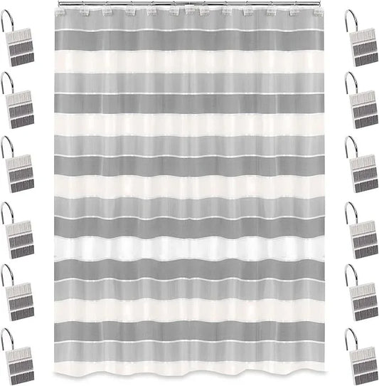 Zahari Home 13pc Modern Line Shower Curtain Set - Gray Luxury Contemporary Shower Curtains with Unique Design & 12 Hooks - ModernBath
