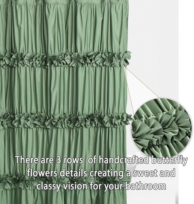 Homechoice Decor Light Green Ruffle Shower Curtain 72“ W x 84” H, Vintage Handcrafted Bow Tie Bath Curtain for Master Bathroom, Ruched Microfiber Bathroom Curtain with 12 Buttonholes (LQ-10) - ModernBath
