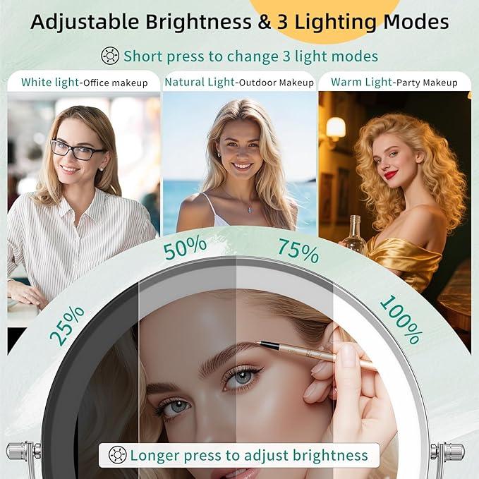 FUNTOUCH 5000mAh Rechargeable Wall Mounted Makeup Mirror with Lights,Double Sided 1X/30X Magnification,3 Color Lights,Touch Dimmable,Extended Arm 360 Rotation Lighted Bathroom Mirror - ModernBath