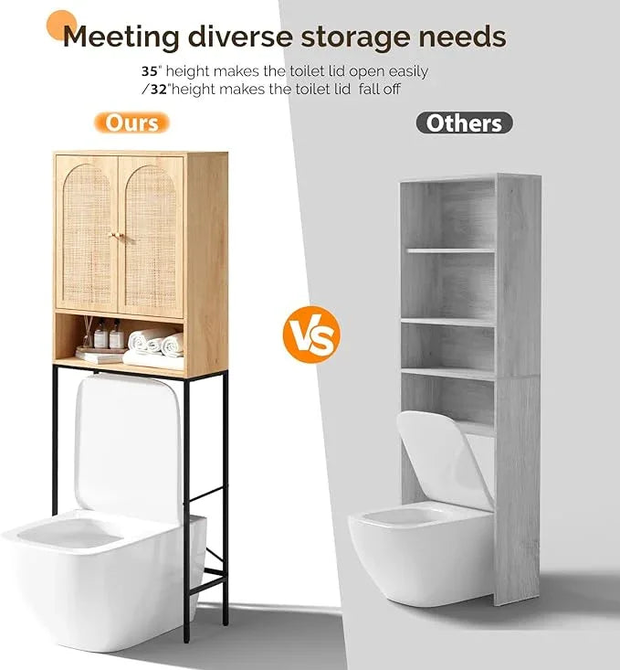 VINGLI Over The Toilet Storage Cabinet, Rattan Bathroom Organizer Behind Toilet,Above Metal Stand Rack Tall Freestanding Wood Cabinet with Wicker Doors,Adjustable Shelf for Bathroom,Restroom,Bohemian - ModernBath