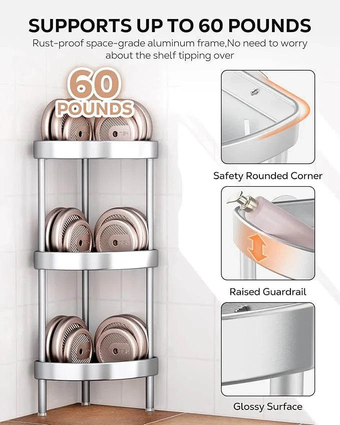 Nieifi Corner Shower Caddy Stand-4 Tier Rustproof Anodized Aluminum Standing Shower Organizer-Shower Caddy Corner-Dual Stability to Anti-Shaking-Height-Adjustable Legs for Uneven Surfaces-Silver - ModernBath