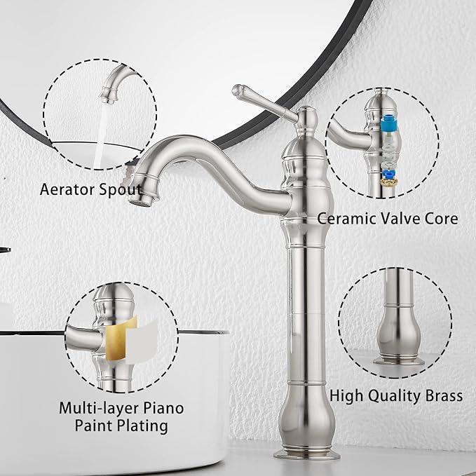 GGStudy 360° Swivel Single Handle One Hole Bathroom Vessel Sink Faucet Matching Pop Up Drain Without Overflow Brushed Nickel - ModernBath
