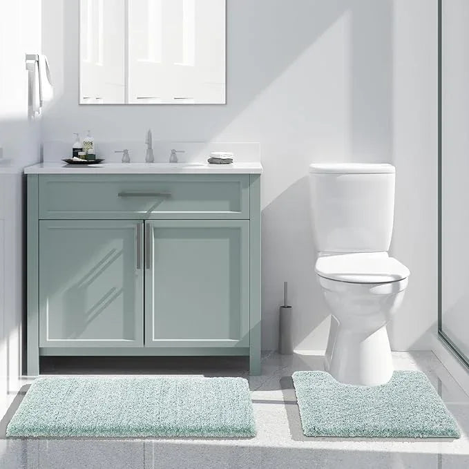 Yimobra Toilet Rugs U Shaped 24x20, Ultra Soft and Water Absorbent Bath Mats, Non Slip Fluffy Luxury Microfiber Contour Bath Rugs for Toilet, Dry Quick, Machine Washable, Sky Light Blue and White - ModernBath