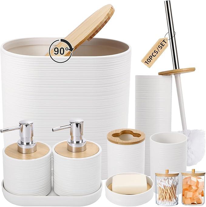 XLHOMO White Bathroom Set, White Bathroom Accessories Set with Trash Can, 2PCS Soap Dispensers, Soap Dish, Toothbrush Holder, Toothbrush Cup,Toilet Brush, Tray and Qtip Holders for Bathroom Decor - ModernBath