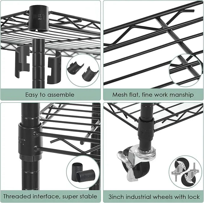 WDT 6 Tier Shelf Shelving Unit with Wheels,Adjustable Metal Shelves for Storage, NSF Black Wire Shelving Rack, 2100Lbs Capacity Heavy Duty Shelving Storage Shelves for Kitchen Garage,47" Dx17 Wx80 H - ModernBath