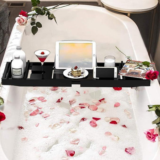 Domax Bathtub Caddy Tray Expandable Bamboo Tub Tray for Luxury Bath with Book Holder and Free Soap Dish Black - ModernBath
