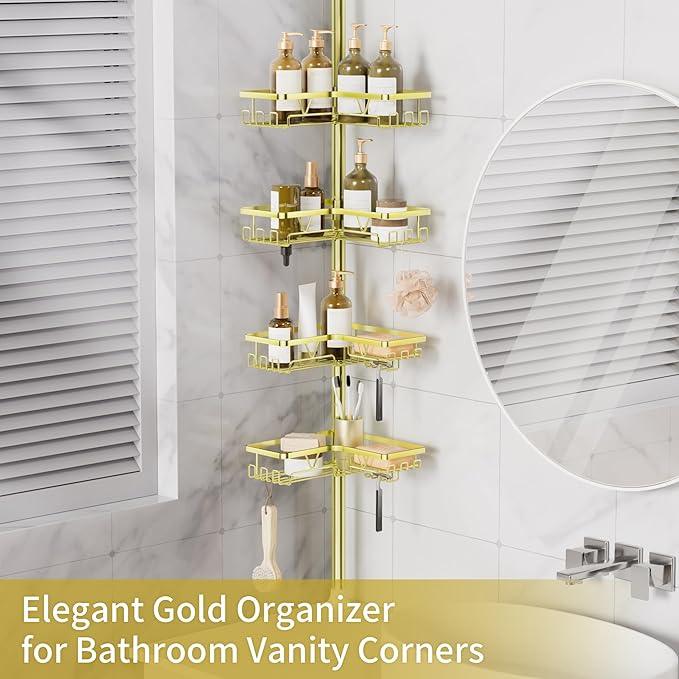 KEGII Corner Gold Shower Caddy Tension Pole - 4-Tier Rustproof Shower Rod Organizer, Floor to Ceiling Tension Rod 25-114.2 inch, Stainless Steel Corner Shower Shelf, Waterproof - ModernBath