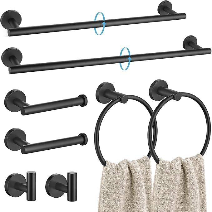 TURS Matte Black 8 Pieces Bathroom Hardware Set, SUS304 Stainless Steel 24 Inch and 20 Inch Bath Towel Bar Set, Round Bathroom Accessories Kit Wall Mounted Towel Holder - ModernBath