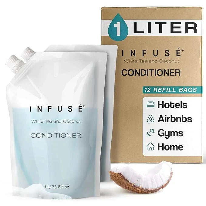 INFUSÉ 1 Liter Conditioner Refill Bag For Soap Dispensers | Bulk Toiletries for Vacation Rentals, and Home Bathroom Showers | White Tea and Coconut | Set of 12 - ModernBath
