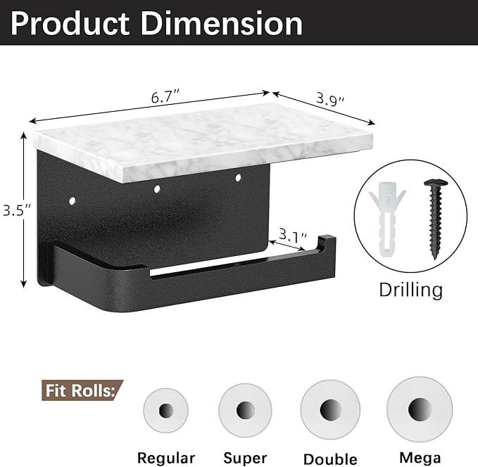 Toilet Paper Holder with Shelf, Extended Base Wall Mounted, Marble Toilet Roll Holder Black for Bathroom Washroom - ModernBath