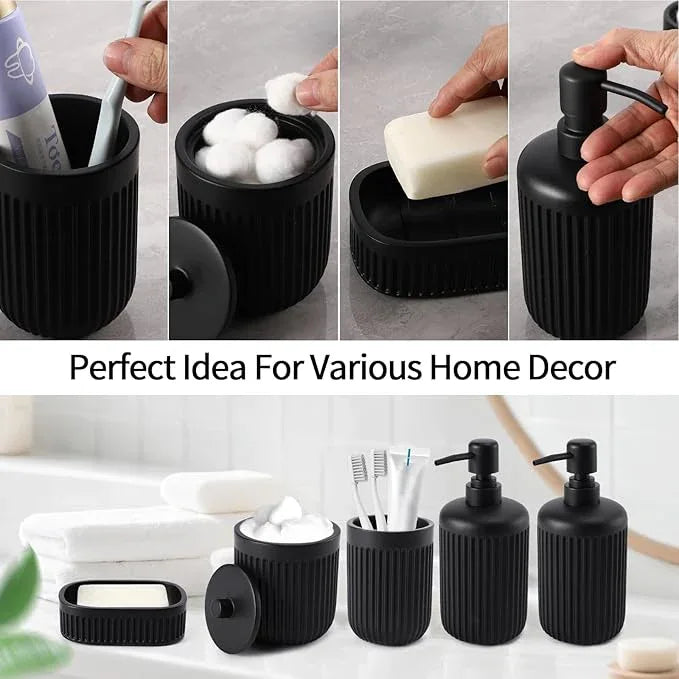 XLHOMO Black Resin Bathroom Accessories Set 5 Pcs, Bathroom Accessory Set Includes Foaming Soap Dispenser, Lotion Soap Dispenser, Toothbrush Holder, Qtip Holder, Soap Dish, for Modern Home Apartment - ModernBath