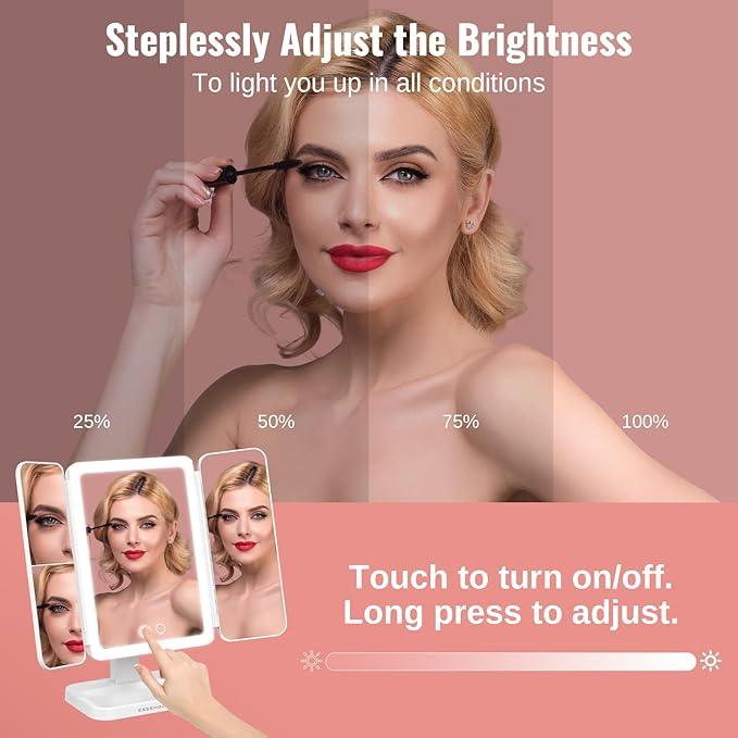 EASEHOLD Vanity Mirror with Lights, 2X 3X Magnification, Trifold, Rechargable, Touch Control - Gifts for Girls & Women - ModernBath