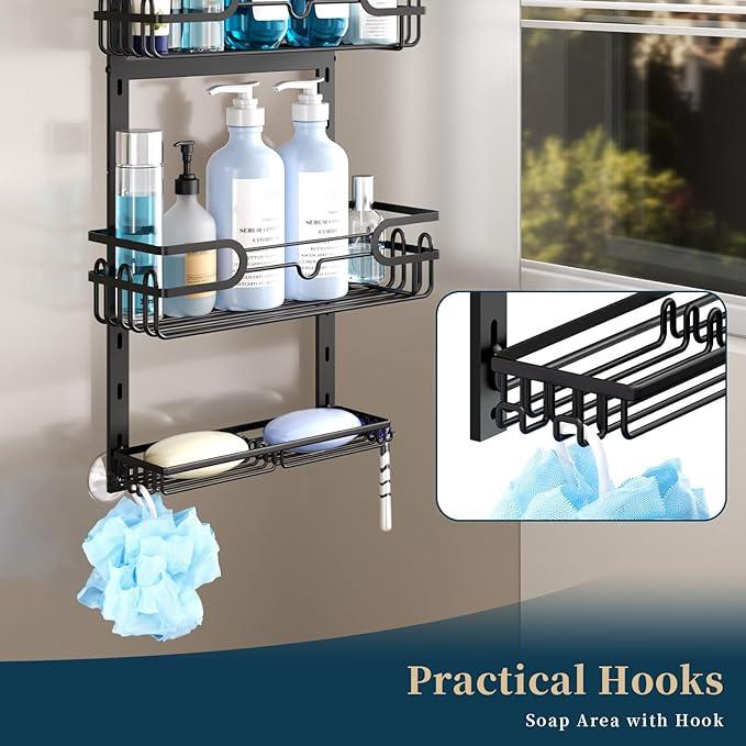 Consumest Over The Door Shower Caddy - 4 Tier Adjustable Hanging Shower Organizer Shelf with 2 Soap Holders & 22 Hooks, Rustproof Easy Installation Hanging Storage Rack for Bathroom, Black - ModernBath