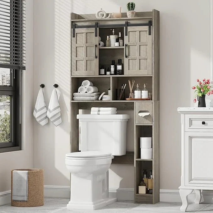 Over The Toilet Storage Cabinet, Farmhouse Storage Cabinet Over Toilet with Sliding Doors，Home Space-Saving Toilet Rack, for Bathroom, Restroom, Laundry.Wash Grey - ModernBath