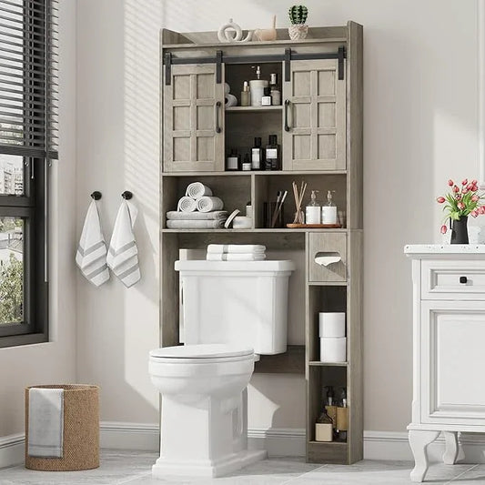 Over The Toilet Storage Cabinet, Farmhouse Storage Cabinet Over Toilet with Sliding Doors，Home Space-Saving Toilet Rack, for Bathroom, Restroom, Laundry.Wash Grey - ModernBath