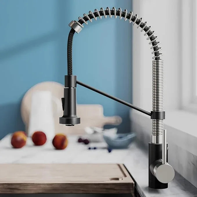 KRAUS Bolden 18-Inch Single Handle Spot Free Stainless Steel/Matte Black Commercial Style Pull-Down Kitchen Faucet with Dual Function Sprayer, KPF-1610SFSMB (Pack of 1) - ModernBath