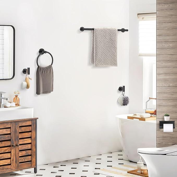 TQKAG 5 Piece Bathroom Towel Bar Holder Sets Matte Black Bathroom Hardware Set Stainless Steel Toilet Paper Holder with Shelf Bathroom Accessories Kit Wall Mounted - ModernBath