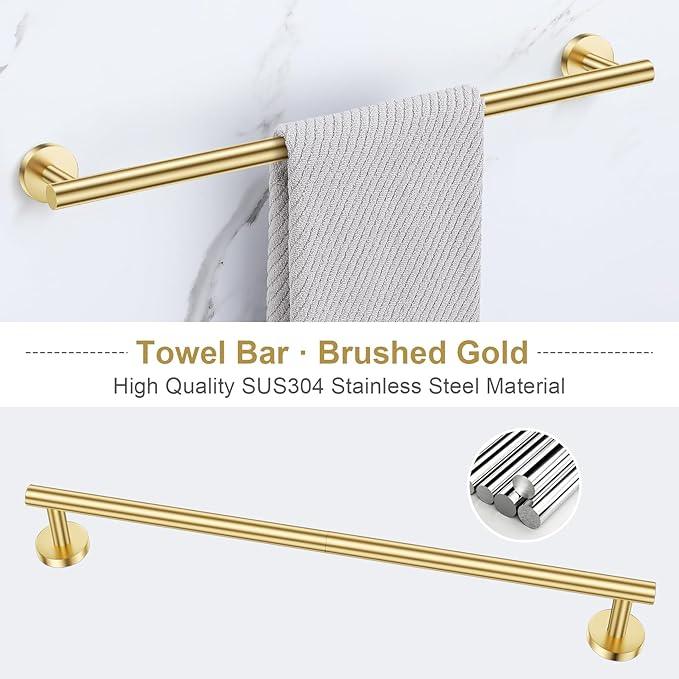 Lairuier 5 Pieces Brushed Gold Bathroom Accessories Set, 23.6 Inch Bath Towel Bar Set, SUS304 Stainless Steel Bathroom Hardware Set Round Toilet Paper Holder Set Wall Mounted - ModernBath