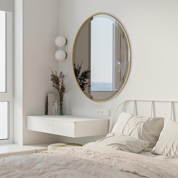 POZINO Vanity Beveled Mirrors, 22"x30" Oval Mirror for Over Sink, Modern Brass Mirror with Stainless Steel Frame, Brush Gold Rounded Mirrors for Bathroom Bedroom Living Room, Horizontal Or Vertical ﻿ - ModernBath