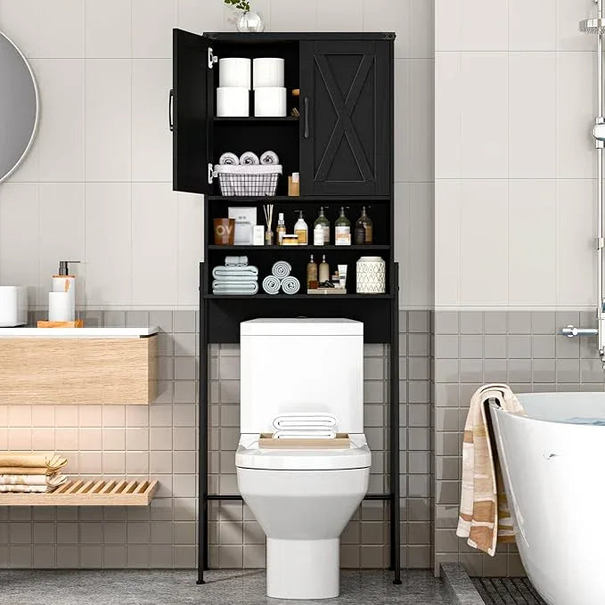 Vabches Over The Toilet Storage Cabinet, Farmhouse Over Toilet Storage Cabinet, Metal Frame with 2 Barn Doors, Home Space-Saving Toilet Rack for Bathroom, Toilet, Laundry Room,Black - ModernBath
