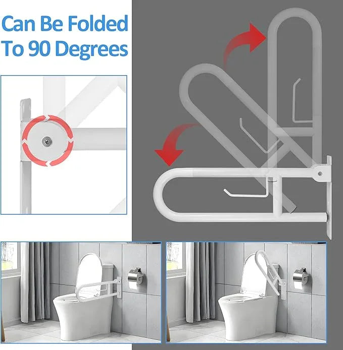 Handicap Grab Bar, 23.6 Inch Stainless Steel Toilet Safety Rails, White Disabled Flip-Up Bathroom Grab Bars with Paper Holder, Anti-Slip Toilet Handrails Hand Grips Grab Bars for Elderly - ModernBath